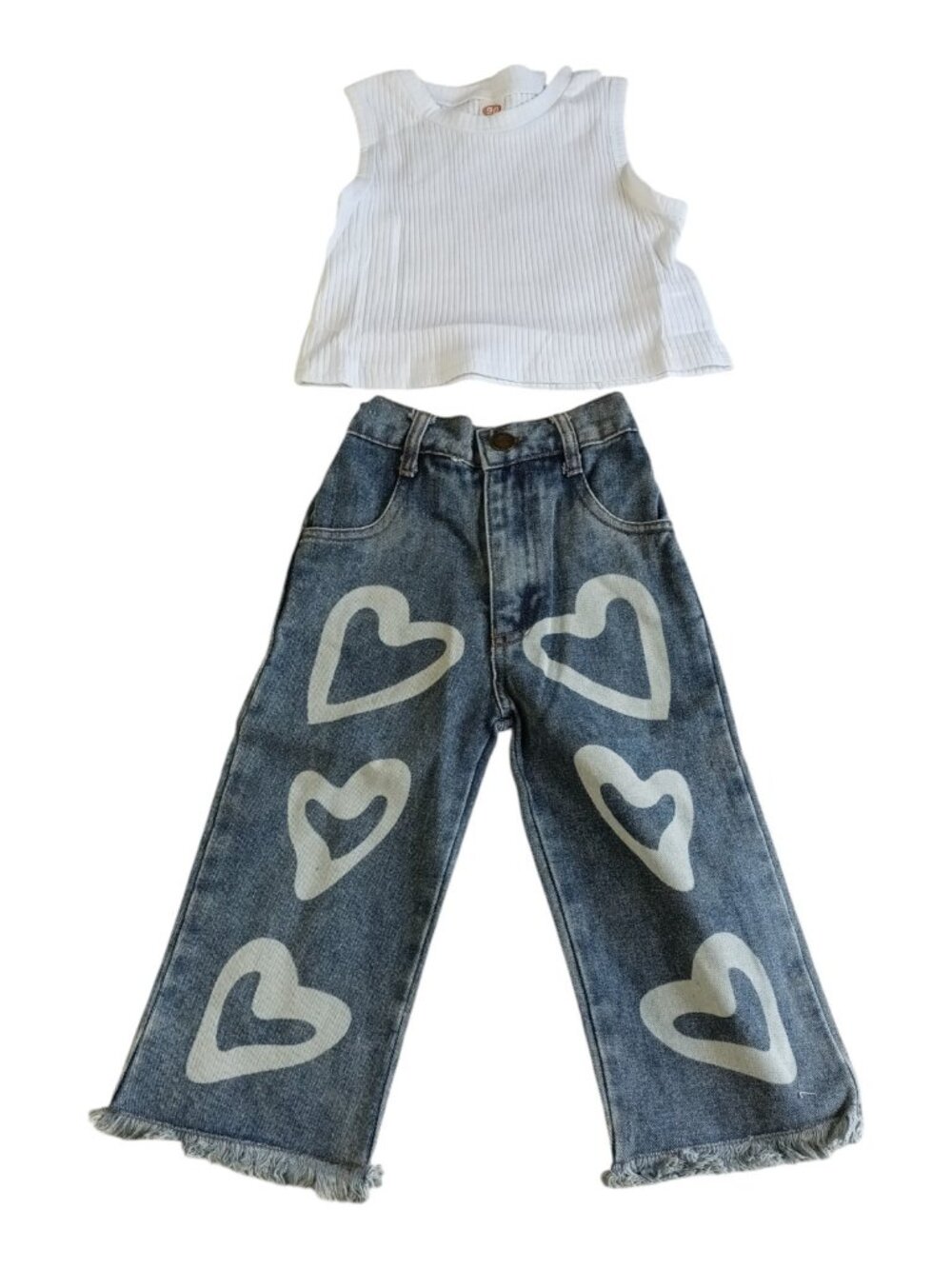 Toddler Baby Girl Ribbed White Top Denim Flare Jeans Heart Pattern 1-2T Outfit